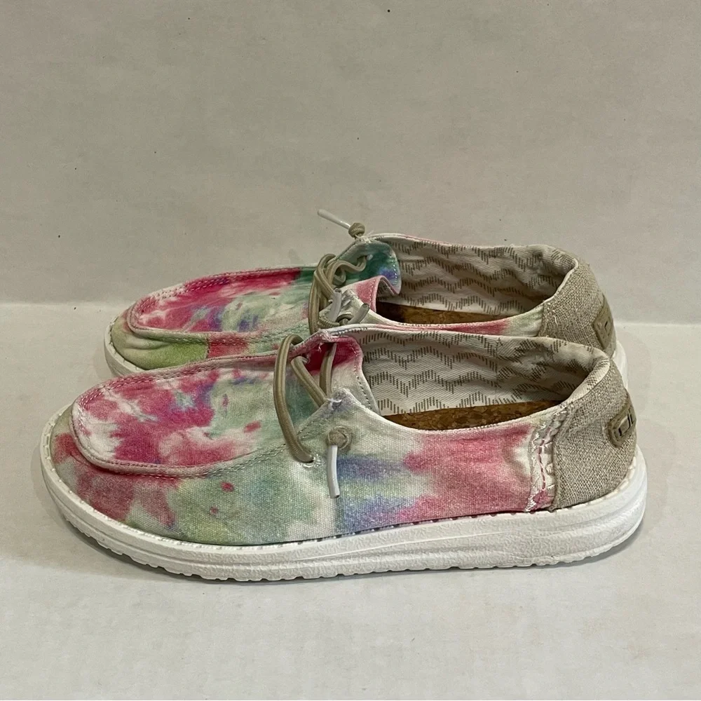 Hey Dude Wendy Youth Boho Mandala Tie Dye Shoes Pink Blue Girls Sz 2 (L 3)